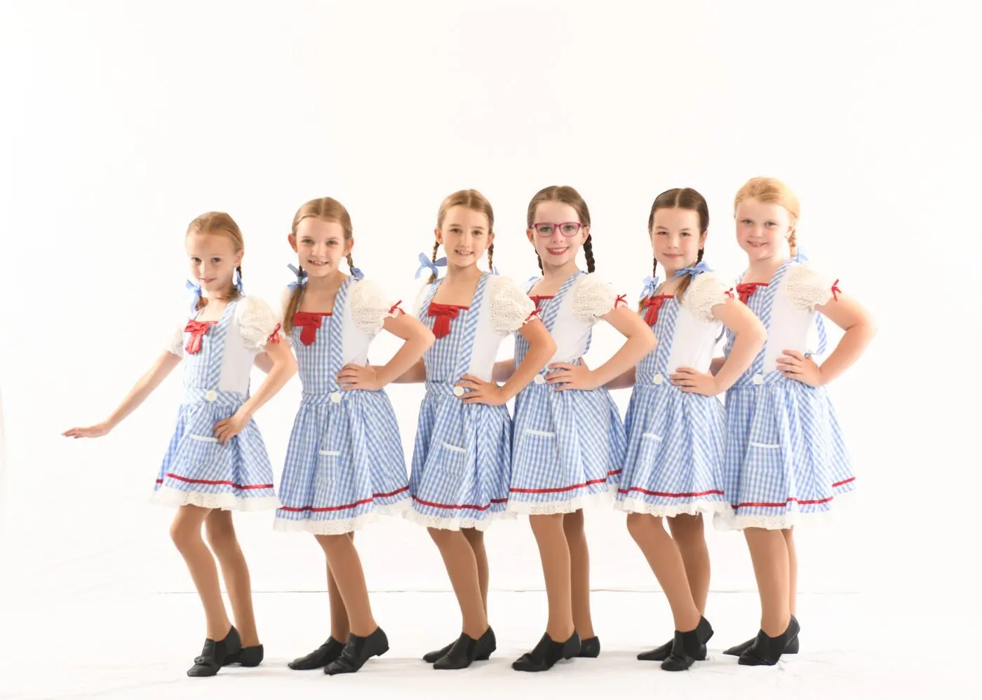 Jazz class in blue gingham costumes